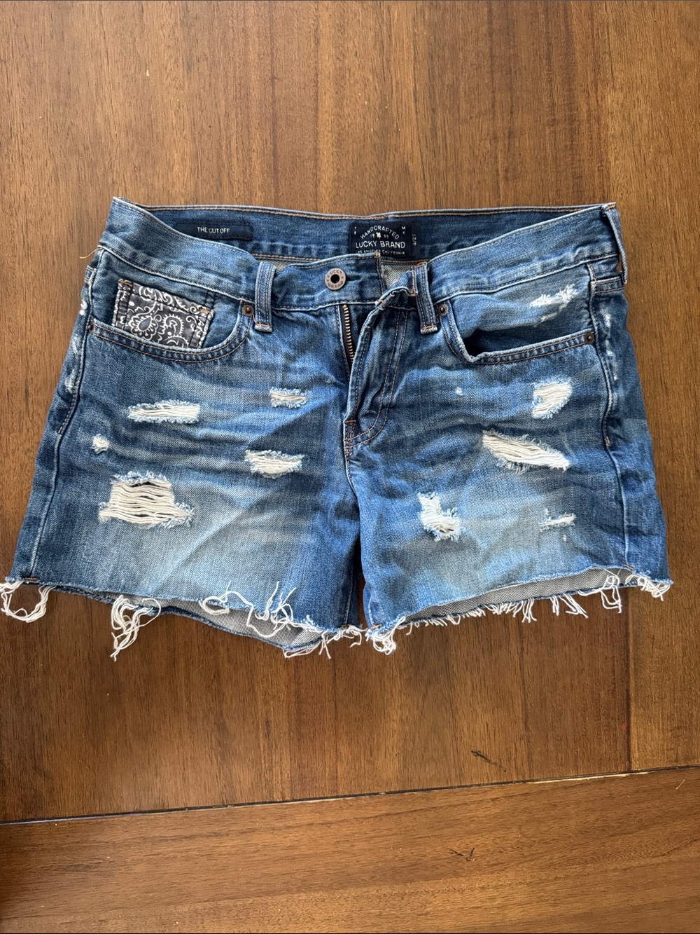 Lucky Brand Distressed Blue Denim Cutoff Shorts with Bandana Pocket